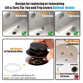 Artiwell Bronze Universal Tub Drain Tip Toe Tub Conversion Kit Assembly, 1-Hole Overflow Face Plate and Pop-Up Tub Stopper, Oil Rubbed Bronze Brass