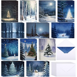 Motiskyy 36 Pack Winter Forest Holiday Cards Forest Christmas Tree Card Moonlight Christmas Card Winter Night Cards with Envelopes and Message Inside for Christmas, Winter, Holiday