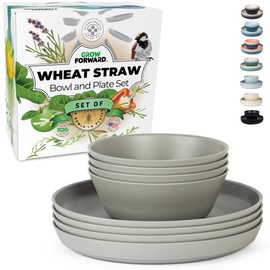 Grow Forward Premium Wheat Straw Plates and Bowls Sets - 8 Unbreakable Microwave Safe Dishes - Reusable Wheat Straw Dinnerware Sets - Plastic Plates and Bowls Alternative for Camping, RV - Feather