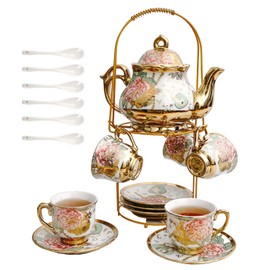 20 Pieces European Vintage Ceramic Tea Set with Metal Cup Holder, Adult Tea Set, Women's Afternoon Tea Set (golden rose, Large)