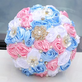 Ramo de Boda Nupcial de 8.7" Azul Claro y Rosa y Blanco Redondo con Broche Brillante Ramo para Lanzar Artificial de Rosas para Novia Dama de Honor Boda Quinceañera