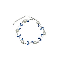 Faship Blue CZ Crystal Genuine Freshwater Pearls Floral Bracelet 7.5" - 9.5" - Blue/Matching Bracelet