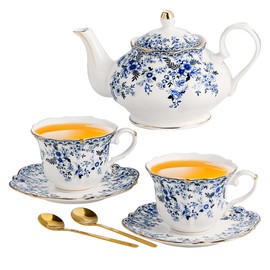 TATSUMI Country Roses Porcelain Tea Set, European Ceramic tea set for one or two,Vintage Style, For Women and Tea Parties (BLUE, 7 Pieces Set)