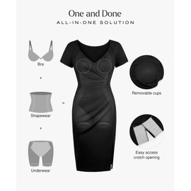 Popilush Womens Shapewear Midi Dress Ruched Bodycon Pencil Dresses Built in Bra Work Wedding Guest Cocktail Black