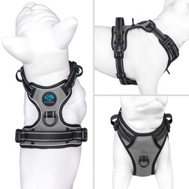 PHOEPET No Pull Dog Harness Medium Reflective Front Clip Vest with Handle, Adjustable 2 Metal Rings 2 Buckles(M, Grey)
