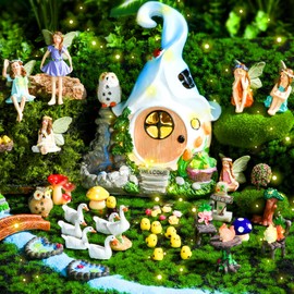 Suzile 50 Pcs Solar Fairy House Garden Kit Light up Miniature Fairy House Resin Figurines Kit Animals Doll Fairy Nativity Set Micro Landscape Ornament for Outdoor Indoor DIY Garden Decor (Blue Leaf)