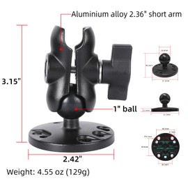 FPN 1" Ball Double Socket Arm with AMPS Hole Round Plate Base, Aluminum Alloy Arm&Drill Base, Compatible with RAM Mounts 1 Inch Ball Components, for Bike Car Motorcycle Phone Mount (3.15" Length)