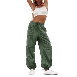 Bankeng Parachute Pants for Women Cargo Pants with Pockets Elastic Waist Drawstring Baggy Hiking Pants(Army Green,XS)