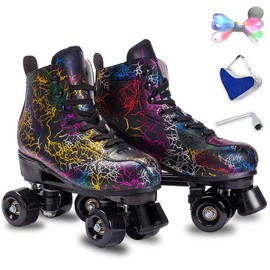 Roller Skates Women Men - Microfiber Leather Roller Skate Classic High Top Double Row Roller Skates for Indoor Outdoor with Light up Shoe Laces (Black Wheel, 41-US Men 8= Women 9)