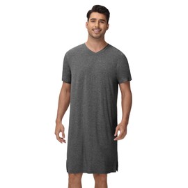 WiWi Men's Nightshirt Short-Sleeve Nightgown Viscose from Bamboo Soft Loose V-Neck Sleepwear Nightwear Sleepshirt Gowns S-XXL, Charcoal Heather, Medium