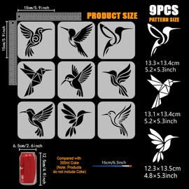 FINGERINSPIRE Pack of 9 Hummingbird Stencils for Painting with Brush 15 x 15 cm Reusable Bird Silhouette Template Hollowed Hummingbird Pattern Stencil Plastic PET Animal Motif Template for Decoration
