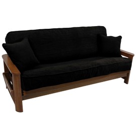 Blazing Needles Solid Microsuede Double Corded 8" to 9" Futon Cover Set with 2 Throw Pillows (Set of 3), Full, Black