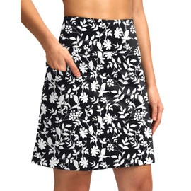 SANTINY 18" Skorts for Women with 4 Pockets High Waist Long Athletic Tennis Skirt Golf Skort Dressy Casual, Black Flower, Medium