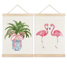 LZYRF Tropical Plant Flamingo Wall Art, Tropical Room Decor, Coquette Bow Hot Pink Flamingo Botanical Canvas Prints Wall Decor for Home Girls Dorm, 12x16 Inch Set of 2