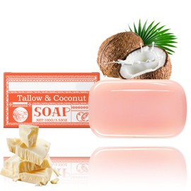 Beef Tallow Soap Bar with Coconut Oil, Grass Fed Beef Tallow Soap for Deep Cleansing, Handmade Natural Soap Bar for Even Skin Tone, Face & Body Unscented Moisturizing Bar for Dry Skin, 100g