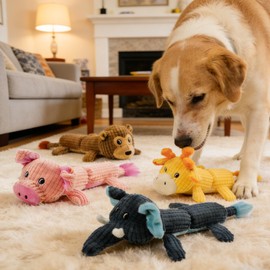 YOUBEMAGIC Squeaky Dog Toy No Stuffing with 2 Squeaker Body, Plush Pig Animal Interactive Chew Dog Toy for Small Medium Large Dogs