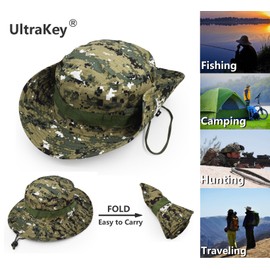 Outdoor Wide Brim Sun Protect Hat, Classic US Combat Army Style Bush Jungle Sun Cap for Fishing Hunting Camping Green Digital 13
