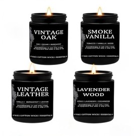 4-Pack Household Soy Wax Scented Candle, 36oz, Burning time 200 Hours, Fragrance: Vintage Oak, Smoked Vanilla, Vintage Leather, Lavender Wood, Black Glass Bottle Candle Set