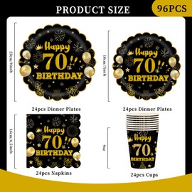 96Pcs Black Gold 70th Birthday Tableware Set,70th Tableware Decorations Plates and Napkins Cups Sets for Men,Women Birthday Gifts Dinnerware Supplies