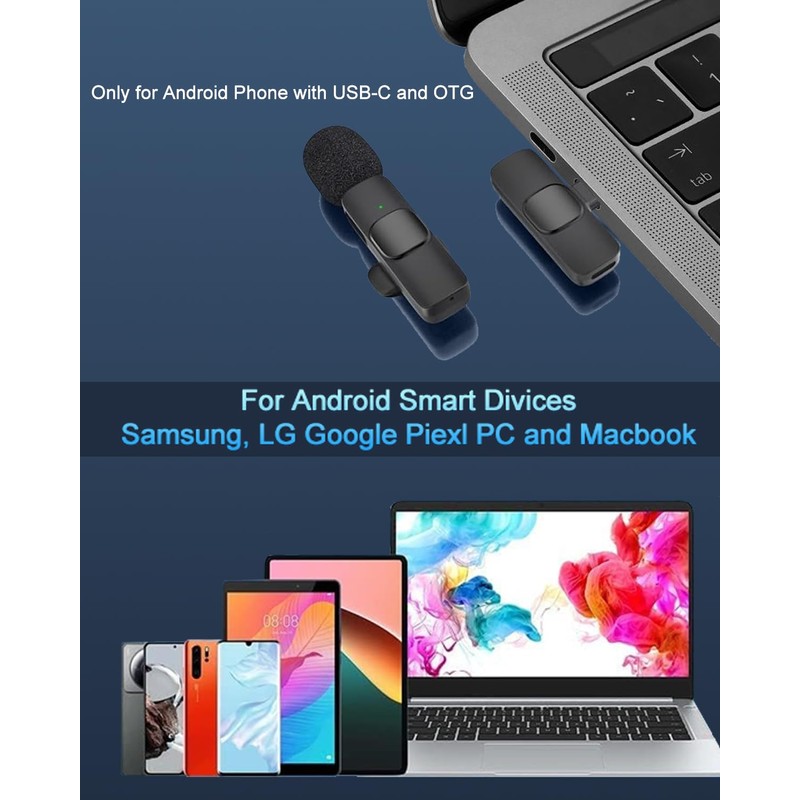 2 Pack Professional Wireless Lavalier Microphone for Android, Lapel Mics