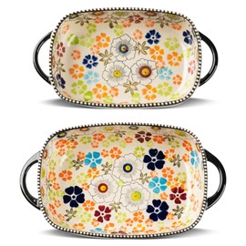2 Pack Ceramic Baking Dish, Rectangular Porcelain Bakeware Set, Casserole Dishes for Oven, Hand-Painted Flower Baking Pan Lasagna Pans Salad Plates with Handles for Baking Cooking Kitchen