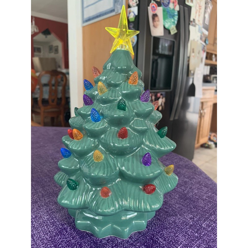 Ceramic Christmas Tree Large Green Tabletop Tree Multicolored Lights 11"