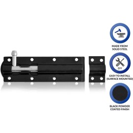 2 Pack Heavy Duty Tower Bolt Black 100mm (4"), Door Lock Bolt, Strong Black Coated Door Barrel Bolt, Durable Slide Bolt for Increasing Security on Garden Gates & Shed Doors