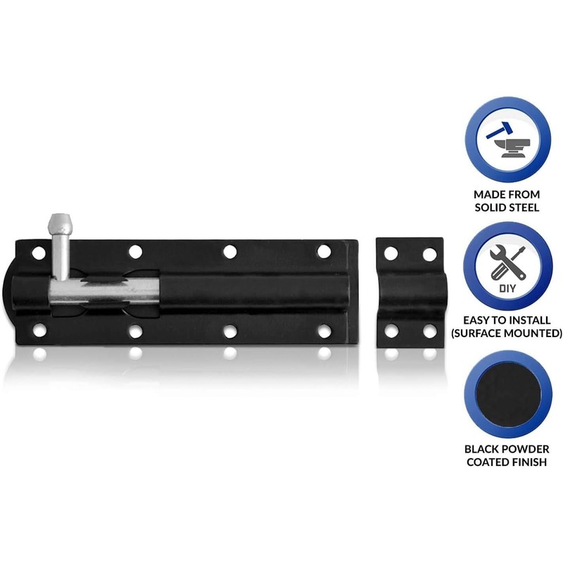 2 Pack Heavy Duty Tower Bolt Black 100mm (4"), Door