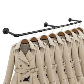 Jeasor Industrial Iron Pipe Clothes Hanging Bar DIY Wall-Mounted Garment Rack Heavy Duty Clothing Rack for Bedroom, Laundry Room, Closet Storage (Black 60 inch)