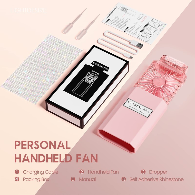 LIGHTDESIRE DIY Bling Crystal Rhinestones Handheld Fan, Mini Personal Cooler,