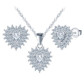 MicLee Women's 925 Silver Heart Necklaces Pendant and Earrings Elegant Cubic Zirconia Jewellery Sets Creative Girls Heart Necklace Stud Earrings Fashion Jewellery Party Bijouterie, Silver, Cubic