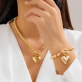 Gold Heart Necklace Chunky Gold Heart Choker Necklace and Bracelet Set 18k Gold Plated Gold Beads Necklace with Big Heart Pendant Gold and Pearl Heart Toggle Necklace for Women Teen Girl Gifts (Style 1)