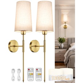 NookNova Battery Operated Wall Sconce Set of 2, 13000mAh Rechargeable Battery Powered Sconces with Remote Dimmable Fabric Shade Wireless Sconces Fixture for Bedroom Living Room