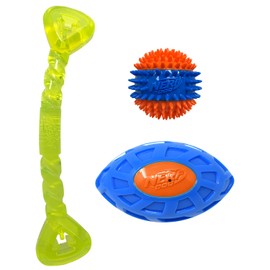 Nerf Dog Three Toy Gift Set: Spike Squeak Ball, Treat Tug Bone, and EXO Squeak Football Gift Set