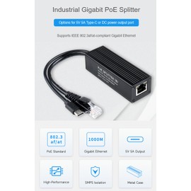 Industrial Gigabit PoE Splitter for Raspberry Pi 5 4B 3B+ or 5V-Powered Network Camera Devices, Onboard MPS Control Chip, 802.3af/at-Compliant 37V ~ 57V Input, 5V 5A Output, Type-C Power Output Port