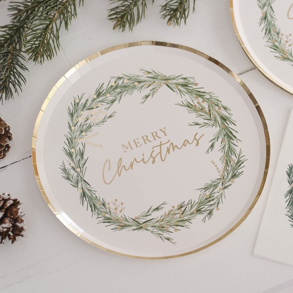 Ginger Ray Christmas Wreath Paper Party Table Plates with Gold, Pack of 8