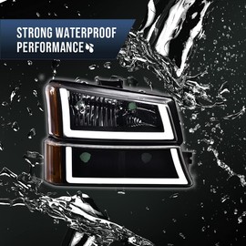 CNNELL LED Bumper Headlight Lamps Compatible with 2003-2006 Chevy Avalanche Silverado 1500 2500 3500 and HD Driver and Passenger Side, Clear lens Black Housing Amber Reflector