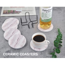 Marble coasters set of 6, Ceramic Coasters with Holder Cork backing Absorbent