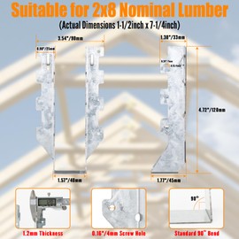 20 Pack 2x8 Joist Hanger 18-Gauge Steel Galvanized Face Mount Rafter Brackets, Fits Truss Connectors, Hurricane Ties for Wood Floor Deck, Ceiling Joists