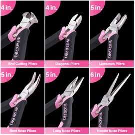 WORKPRO 6-Piece Mini Pliers Set, Needle Nose, Long Nose, Bent Nose, Diagonal, End Cutting and Linesman, for Crafts Work, Electronic Repair, with Pouch - Pink Ribbon