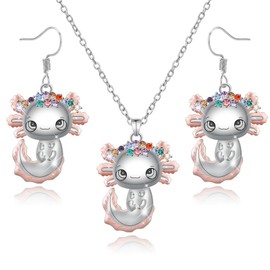 Mikovivi Axolotl Necklace and Earrings Set, Cute Alloy Axolotl Crystal Necklace Trendy Pendant Earring Jewelry Set for Women Men Birthday Graduation