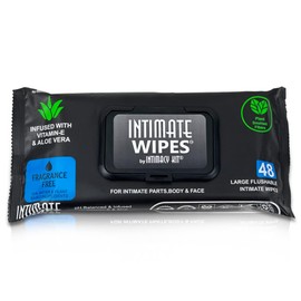 Intimate Wipes by INTIMACY KIT, 48 Large Flushable Wipes, 99% Water ＆ Plant Based Fibers, Hypoallergenic, Fragrance Free, Infused with Vitamin-E, Aloe Vera & Chamomile, for Intimate Parts, Body ＆ Face