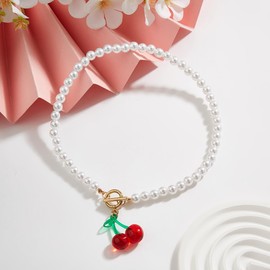 Cute Cherry Choker Necklaces Small Geometric Pendant Ot Buckle Punk Gothic Gold Plated Imitation Pearl Chain Choker Harajuku Necklaces Christmas Valentine's Day Party Jewelry Gifts