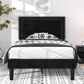 VECELO Twin Size Platform Bed Frame with Adjustable Upholstered Headboard, Strong Wood Slat Support, No Box Spring Needed, Easy Assembly