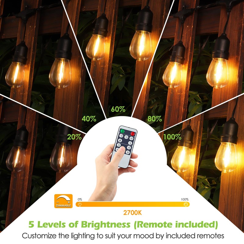 Larkvue 48FT Outdoor String Lights with Remote, Dimmable Patio Lights