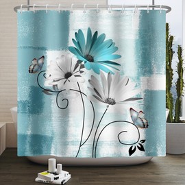 ZJRBJB Rustic Farmhouse Teal Floral Shower Curtain Daisy Flowers and Butterfly Shower Curtain on Country Wooden Background Turquoise Blue Fabric Bathroom Curtain with Hooks,60x72