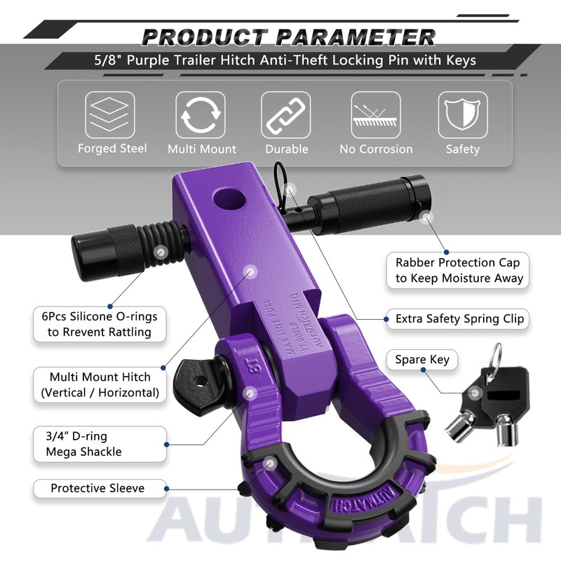 AUTMATCH Shackle Hitch Receiver 2" with 3/4" Mega D Ring