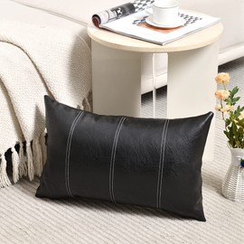 Fancy Homi 2 Packs Black Long Lumbar Faux Leather Decorative Throw Pillow Covers 12x24 Inch for Living Room Couch Bed Sofa, Boho Farmhouse Home Decor, Hand Stitched Rectangle Cushion Case 30x60 cm