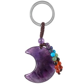 KYEYGWO Crystal Moon Keyring for Men and Women, 7 Chakras Stone Key Ring, Decorative Crescent Gemstone Bag Pendant, Crescent Pendant for Lanyard, purple