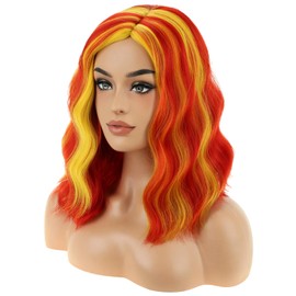 BERON Red and Yellow Short Curly Wavy Women Wig Red Mixed Golden Side Part Wigs Flag Heat Resistant Synthetic Wig Halloween Cosplay Costume Party Wigs